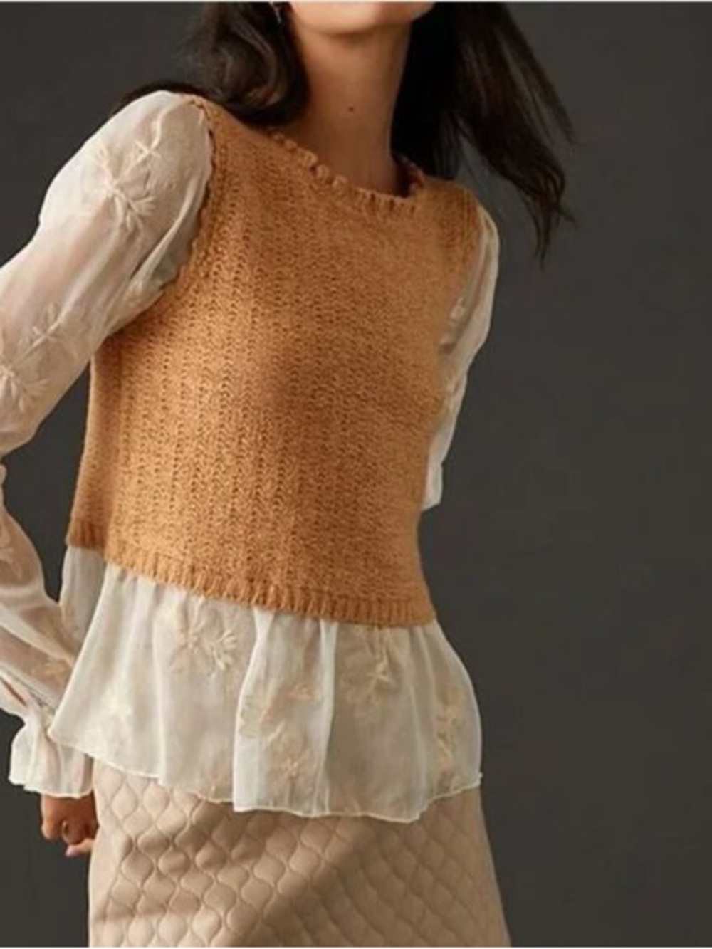 Anthropologie Versona  Knit Tank with Ivory Embroidered Sheer Blouse